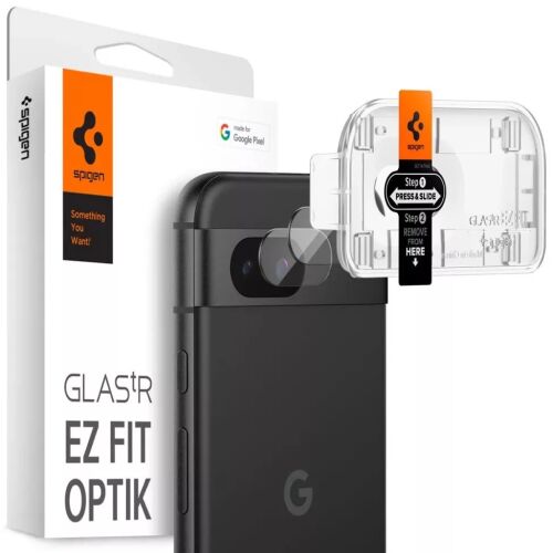 Spigen Glastr Ez Fit Optik átlátszó edzett üveg kamera lencsevédő 2 db-os csomag Google Pixel 8a-hoz, egyszerű telepítő készlettel, telefon és csomagolás mellett bemutatva 