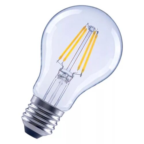 Osram CLA75 7,5W 230V E27 filament LED fényforrás, átlátszó üveg látható LED filamentekkel, 3/4 nézet fehér háttéren - Izzó
