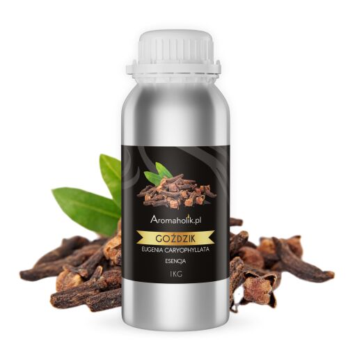 Aromaholik.pl Szegfűszeg illóolaj 1kg ezüst fém palackban, körülötte szárított szegfűszeg és zöld levelek - Háztartási kellék