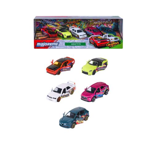 Majorette Graffiti 5 darabos fém játékautó készlet, bemutatva a termék csomagolását és az egyes autókat felülnézetből, Dodge Challenger, Nissan Z, Mercedes-Benz, Citroen és Alfa Romeo modellekkel - Játék autó