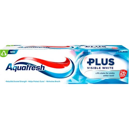 Aquafresh Plus Visible White fogkrém 75 ml doboza, márkajelzéssel és fogfehérítő hatásra vonatkozó állításokkal - Fogkrém