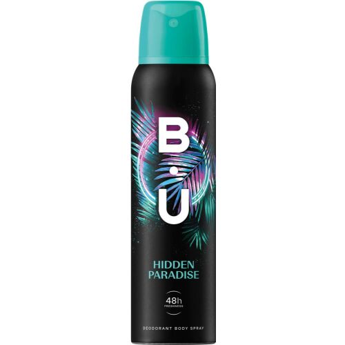B.U. Hidden Paradise 150ml dezodor spray, fekete flakon kék kupakkal és neon pálmafa mintával, 48 órás frissesség dezodor testspray - B.U.