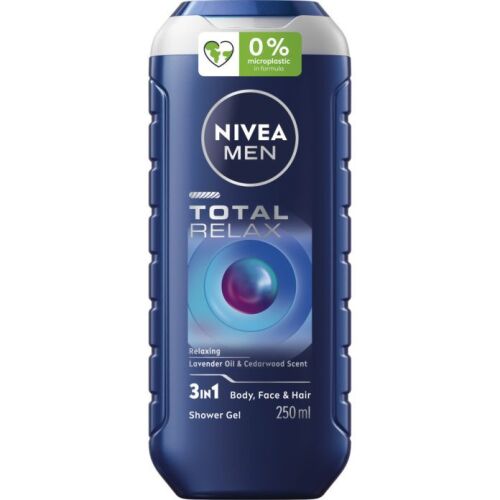 NIVEA MEN Total Relax 3in1 tusfürdő 250ml levendula és cédrus illattal, 0% mikroműanyag formula testre, arcra és hajra - Nivea