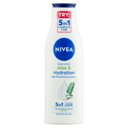 NIVEA Aloe & Hydration testápoló tej 250 ml normál és száraz bőrre, 48 órás gyors frissítő hidratálás, 5 az 1-ben teljes körű ápolás intenzív hidratáló szérummal és aloe vera kivonattal - Nivea