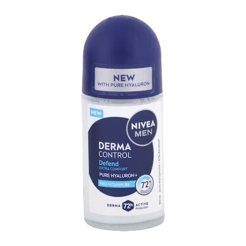 NIVEA MEN Derma Control Defend golyós dezodor 50 ml tiszta hialuronnal és B5 provitaminnal, 72 órás aktív védelem izzadás és szagok ellen, izzadásgátló 0% alkohollal az extra kényelemért, fehér és kék flakon - Nivea