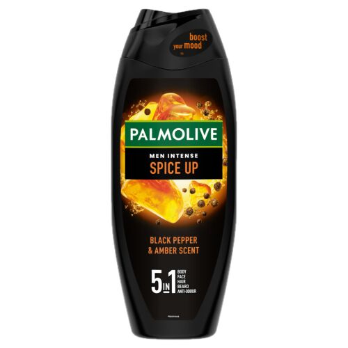 Palmolive Men Intense Spice Up 5 az 1-ben tusfürdő, 500 ml, fekete bors és ámbra illattal, testre, arcra, hajra, szakállra és szagtalanításra, fehér háttérrel - Palmolive