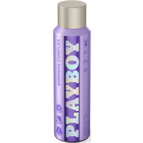 Playboy Woman Goddess Complex deospray 150ml, lila spray palack ezüst kupakkal, Juicy Peach, Pink Pepper, Rich Praline illatjegyek - Playboy