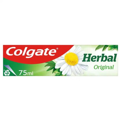 Colgate Herbal Original 75 ml fogkrém tubus százszorszép és zöld levelek mintával, kiemelve a természetes gyógynövényes összetevőket a szájápolásért és friss leheletért - Fogkrém