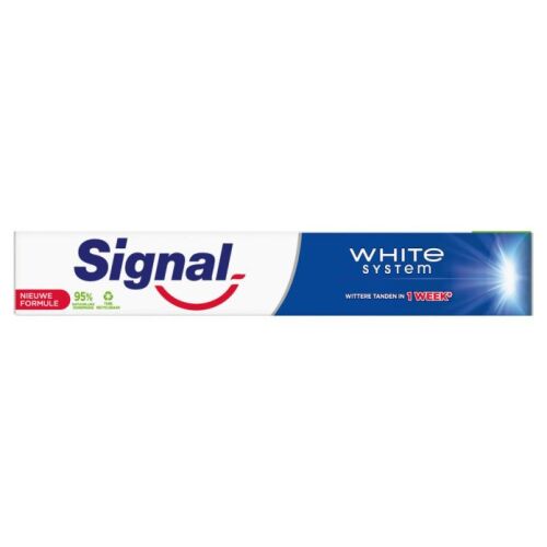 Signal White System 75 ml fogkrém fehérebb fogakért 1 hét alatt, új formulával és 95%-ban természetes eredetű összetevőkkel. - Fogkrém
