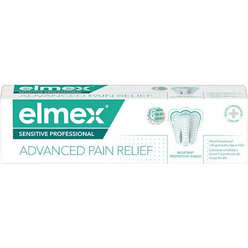 Elmex Sensitive Professional Advanced Pain Relief fogkrém, 75 ml, fehér és zöld csomagolásban, fog illusztrációval - Fogkrém
