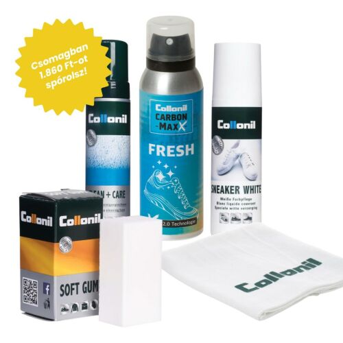 Collonil Sneaker White csomag Clean & Care habbal, Soft Gum radírral, Fresh spray-vel és Polishing Cloth kendővel a hófehér cipők ragyogásának helyreállításához és megőrzéséhez, megtakarítási matricával fehér háttéren. - Cipőápolás