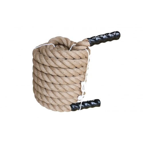 Fitskin 38 mm-es csatakötél, feltekerve tároláshoz, fekete markolatokkal, természetes kender anyagból erő- és állóképességi edzéshez - Otthoni edzés