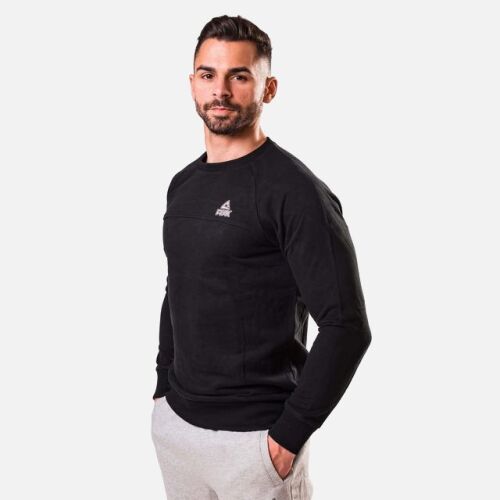 PEAK Draft fekete férfi edzőpulóver, elölnézet modellen, alkalmas szabadtéri edzéshez és alkalmi viseletre 