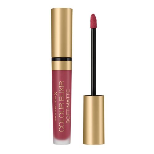 Max Factor Colour Elixir Soft Matte folyékony rúzs 35 Faded Red árnyalatban, kibontva, applikátorral az üveg mellett, fehér háttérrel. - Rúzs