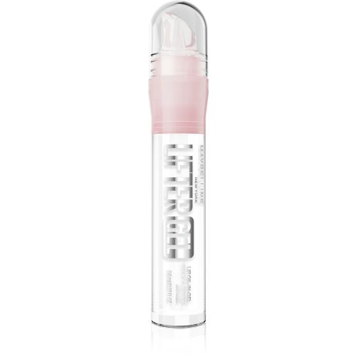 Maybelline Lifter Gel hidratáló ajakolaj Mintini 6,6 ml, átlátszó és rózsaszín tubusban, ezüst márkajelzéssel, szögből nézve, kiemelve a hidratáló formulát. - Szájfény