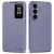 Elöl- és hátulnézet a Tech-Protect Smart Wallet lila flip tokról Samsung Galaxy A57-hez, bemutatva az intelligens ablakot és a kamera kivágásokat fehér alapon