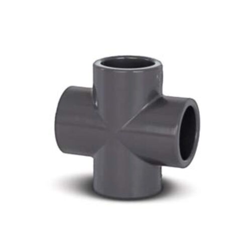 50mm PVC kereszt idom csőrendszerekhez, sötétszürke, döntött nézet fehér háttéren - Medence PVC idom