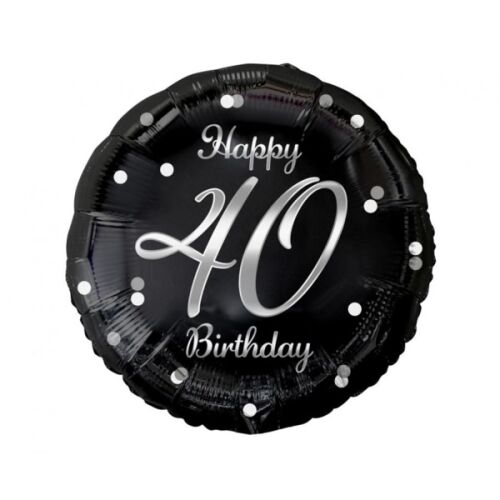 Fekete és ezüst 'Happy 40 Birthday' fólia lufi fehér pöttyökkel, kerek forma 40. születésnapi ünnepségre - Otthon és kert
