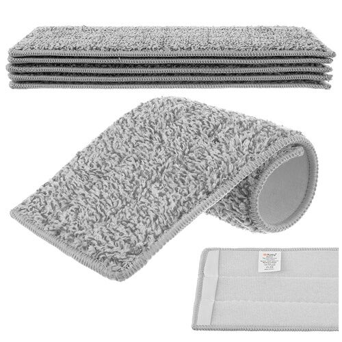 Ruhhy Mopfedél 33x12cm 5 db: Öt darab szürke mikroszálas felmosófej készlet, egy feltekert és egy hátoldalán tépőzáras rögzítéssel látható, fehér háttéren. - Otthon és kert