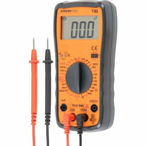 Strend Pro Premium T92 digitális multiméter narancssárga és fekete mérővezetékekkel, kijelzővel és forgókapcsolóval az AC/DC feszültség, áram és ellenállás mérésére - Multiméter