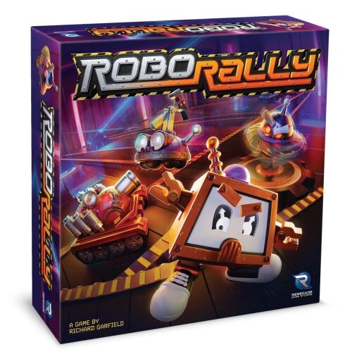 Robo Rally társasjáték doboz, élénk grafikával, robotok versenyeznek futurisztikus gyári környezetben, ideális gyűjtőknek és játékosoknak - Társasjáték