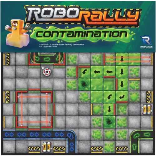 Robo Rally Szennyeződés társasjáték kiegészítő dobozkép robot karakterrel, játék címmel és egy mintatáblával radioaktív zónákkal és futószalagokkal - Játék