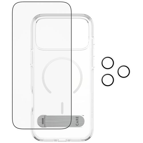 A CARE by PanzerGlass 3in1 védőkészlet szétszerelt nézete: átlátszó MagSafe tok kitámasztóval, kijelzővédő fólia és kamera lencsevédők iPhone 17 Pro Max készülékhez. - Telefontok