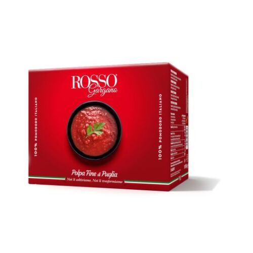 Rosso Gargano paradicsompüré 10kg piros dobozban, gazdag vörös paradicsompépet ábrázoló tálal, bazsalikomlevéllel a tetején, ideális pizzaszószhoz és főzéshez - Konzerv