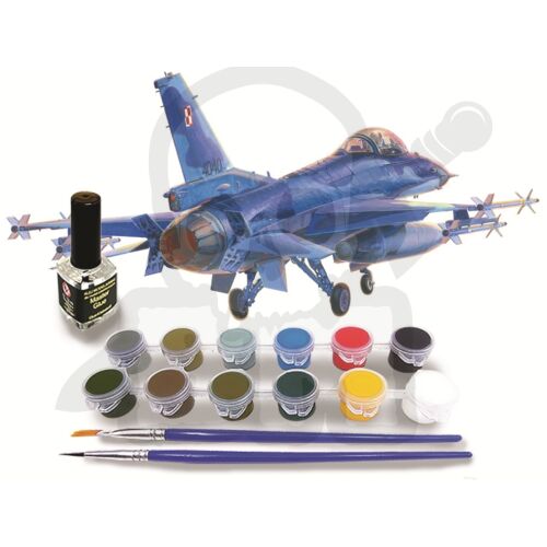 Mister Hobby Craft F-16CJ-52+ 'Jastrząb' Hawk 1:72 modellkészlet összeszerelt kék repülőgéppel, festékekkel, ecsetekkel és ragasztóval - Modell és makett