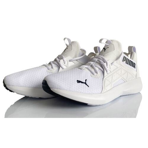 Egy pár Puma Softride Enzo NXT férfi sportcipő, 3/4 nézet, fehér, fekete részletekkel, fehér háttéren - Férfi sportcipő
