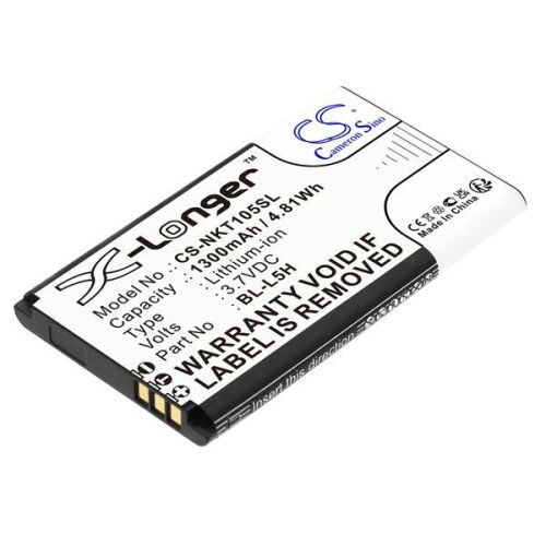 BL-L5H Telefon akkumulátor 1300 mAh X-Longer Lítium-ion telefon akkumulátor 3.7VDC feszültséggel mobiltelefonokhoz, döntött nézet fehér háttéren - Mobiltelefon akkumulátor