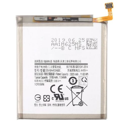 EB-BA405ABE 3000 mAh utángyártott mobiltelefon akkumulátor csatlakozó szalaggal, műszaki adatokkal és biztonsági jelzésekkel fehér háttéren - Mobiltelefon akkumulátor
