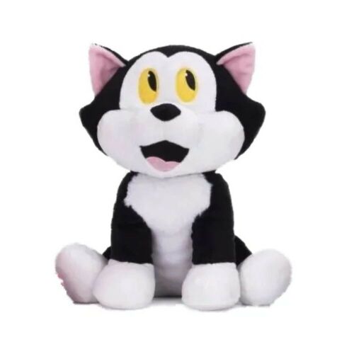 Disney Pinokkió Figaro fekete-fehér macska plüssjáték, 30 cm, rózsaszín belső fülekkel és nyitott szájjal, fehér háttérrel - Plüss