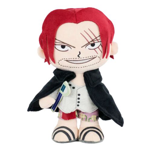 One Piece Shanks plüssfigura 30 cm, az anime karaktert ábrázolja vörös hajjal, hegekkel és fekete köpennyel, fehér háttérrel 