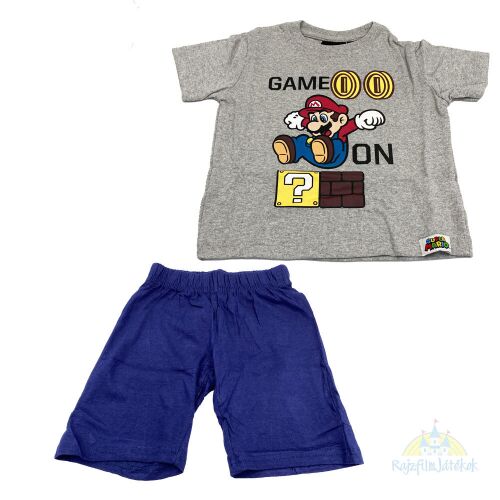 Super Mario gyerek pizsama szett, szürke póló Mario grafikával és kék rövidnadrággal, 122-es méret, OEKO-TEX minősítés 