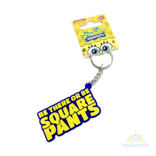 SpongyaBob logós kulcstartó 'BE THERE OR BE SQUARE PANTS' felirattal, fehér háttér előtt, még eredeti Nickelodeon csomagolásban, ferde nézetben - Kulcstartó