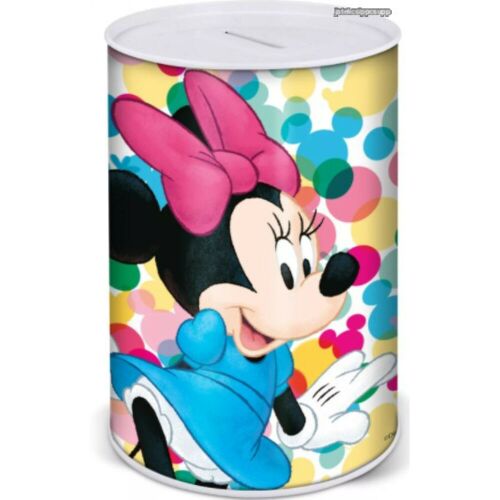 Minnie egér fém persely gyerekeknek, Disney jogdíjas termék, Minnie kék ruhában, színes pöttyökkel, nem kinyitható kivitel - Persely