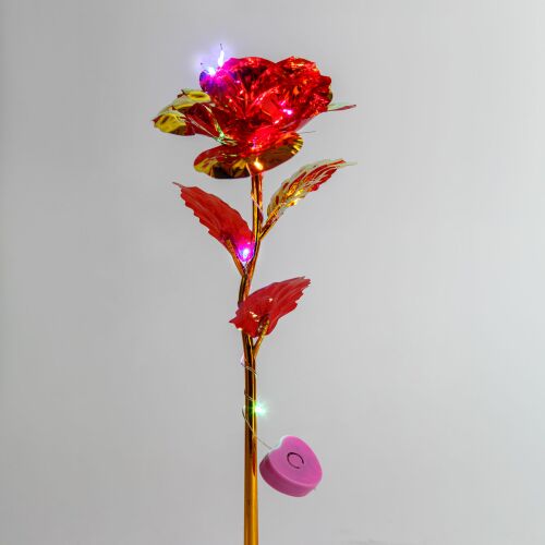 25 cm-es vörös LED-es műrózsa, arany szárú fényes dekoráció romantikus ajándéknak