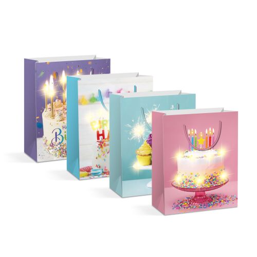 12 darabos daros LED papír ajándéktáska szett születésnapi torta és cupcake mintákkal, 10 melegfehér LED-del, tökéletes ünnepi alkalmakra - Ajándékcsomagolás