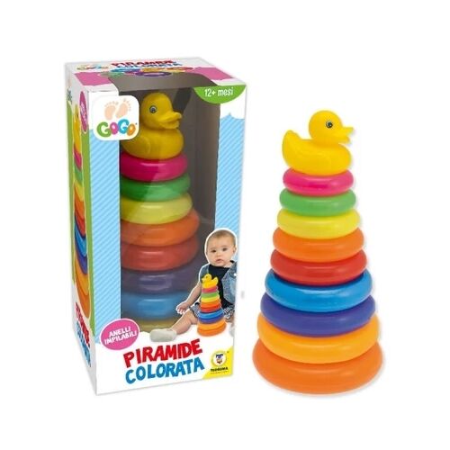 GoGo kacsás piramis építő játék kisgyerekeknek, színes karikatorony, 29 cm magas, klasszikus készségfejlesztő játék finommotorika, probléma megoldás és szem-kéz koordináció fejlesztésére 12 hónapos kortól - Fejlesztő játék bölcsiseknek