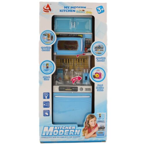 Konyha Modern mini kék játékkonyha szett hang- és fényeffektusokkal, kék színű játékkonyha mikrohullámú sütővel, tűzhellyel és konyhai kiegészítőkkel, dobozban, melynek elején egy kislány játszik vele, Chaofeng Toys márkától - Babakonyha és játékkonyha