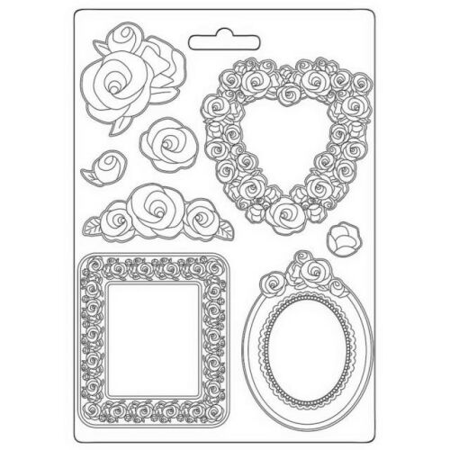 Stamperia Lágy PVC öntőforma A4 Rose Parfum keretek és rózsák, átlátszó forma agyaghoz, gyurmához, modellező pasztához, rózsa mintákkal és díszes keretekkel, ideális barkács projektekhez - Gipszkiöntő kellék
