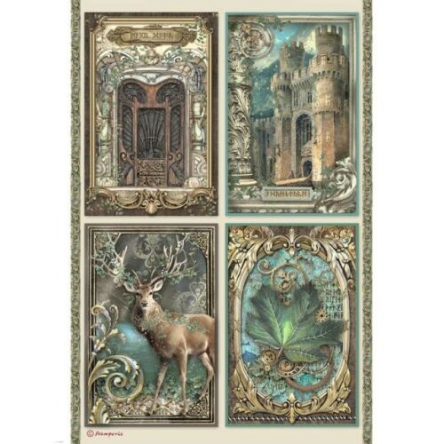 Stamperia Magic Forest Kártyák A4 rizspapír keretezett vár, díszes ajtó, szarvas és levél mintákkal decoupage és papír kézművességhez - Rizspapír