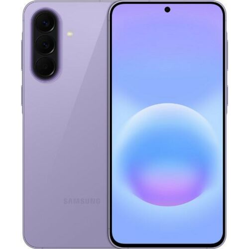 Samsung Galaxy A57 5G 128GB 8GB okostelefon lila színben, a hátlapi hármas kamerával és az előlapi kijelzővel, amelyen színes absztrakt háttér látható - Samsung