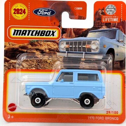 Matchbox 1970 Ford Bronco 1:64 méretarányú modellautó világoskék színben, eredeti csomagolásban, a 2024-es új kiadás részleteivel - Játék autó
