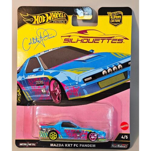 Hot Wheels Car Culture Mazda RX7 FC Pandem 1:64 méretarányú modellautó élénk kék színben, rózsaszín és zöld díszítéssel, eredeti sárga és rózsaszín bliszteres csomagolásban - Játék