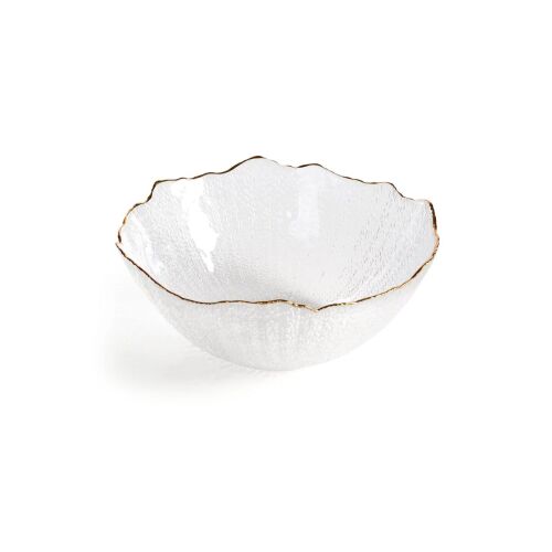 Eurofirany Tamara fehér üveg dekoratív tál 25x11 cm arany peremmel, szögletes nézetben fehér háttéren - Dekortál