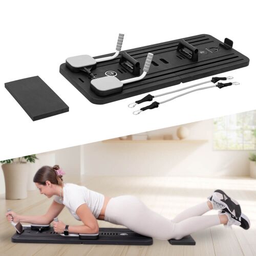 inSPORTline Trancer Basic Pilates reformer, összecsukható kialakítás, ellenállás szalagok és térdelőpárna, melyet egy nő használ teljes test edzéshez és törzserősítéshez 