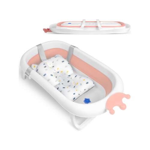 Ricokids RK-280 foldable baby bath tub with pillow, white-pink color, angled view