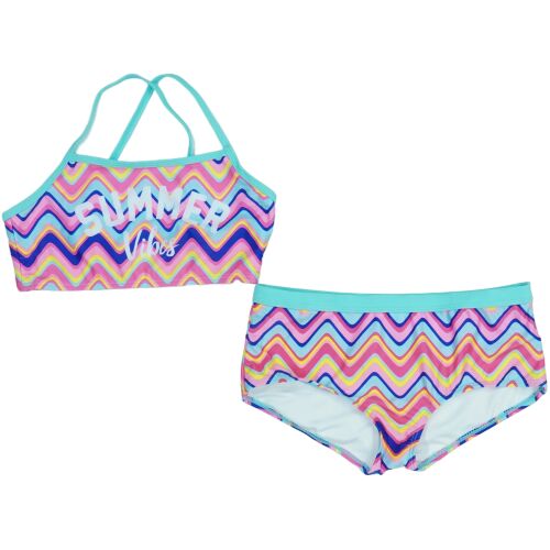 Egyéb Lány Bikini EU 152, elölnézet, színes absztrakt hullám mintával és 'Summer Vibes' felirattal - Gyerek fürdőruha